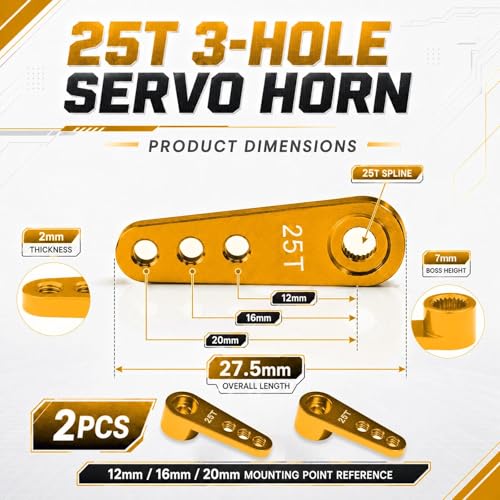 2PCS 25T Aluminum Servo Horn, 3-Hole RC Steering Arm for Futaba Savox MG995 | CNC Aluminum Servo Arm M3 Thread Adjustable Linkage 12mm 16mm 20mm Positions 1/8 1/10 RC Power HD MG996 Crawler Buggy Truck - color: Gold