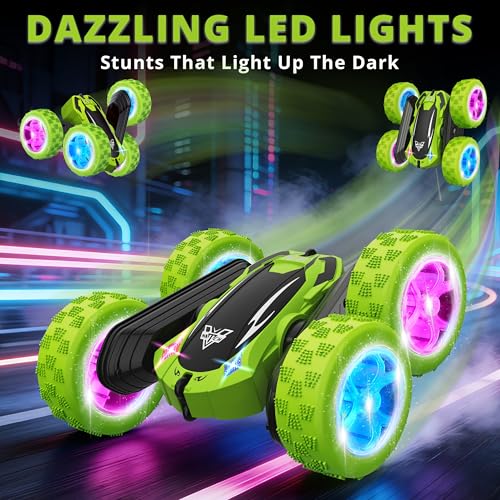 KKONES Remote Control Car, 2.4GHz Electric Race 4WD Flips Stunt Car, Green | Double Sided 360° Rolling Rotation, LED Headlights, High Speed Off Road Gift for 3 4 5 6 7 8-12 Year Old Boy Toys - color: Green