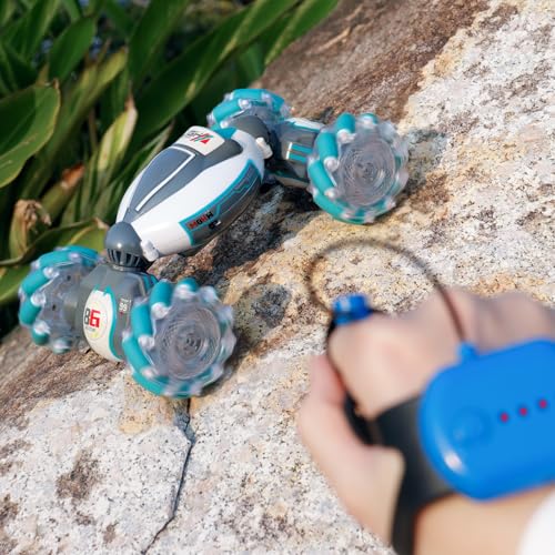 PREPOP Gesture Sensing RC Stunt Car, Birthday for Age 6 7 8-12 13+ Year Old Boys - Cool Toys for Kids, Hand Controlled Remote Control Twist Vehicle with Lights & Music, 4WD Rotating - color: White Grey Blue