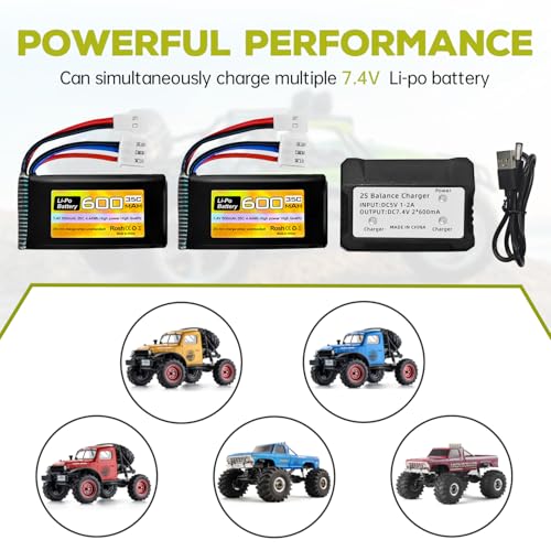 sea jump 2PC 7.4V 600mAh 35C 2S Lipo Battery with Molex Plug and 1trailer2 Charger Suitable for FMS FCX24 RC Cars, Trucks, Remote Control Electric Climbing Vehicles FCX24 Batteries