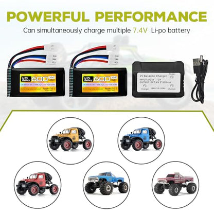 sea jump 2PC 7.4V 600mAh 35C 2S Lipo Battery with Molex Plug and 1trailer2 Charger Suitable for FMS FCX24 RC Cars, Trucks, Remote Control Electric Climbing Vehicles FCX24 Batteries