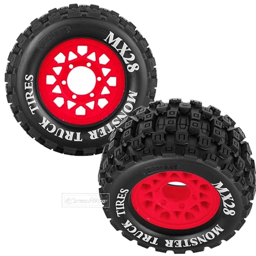 RC Wheels and Tires for 1/10 RC Scale Car,Rustler Stampede Hoss,Granite Vorteks Big Rock 3S,MX28 2.8" Truck Tires and Wheels w/ 12mm/14mm Hex,4pcs,Red - color: Red(4pcs)