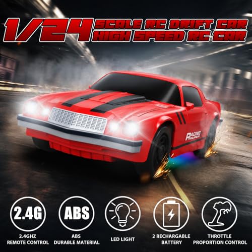 RC Drift Car Remote Control Car 2.4GHz 1/24 4WD 15KM/H High Speed Racing Sport with LED Lights Drifting Tire Racing Sport Toy for Adults Boys Girls Kids Gift 2Pcs Rechargeable Batteries - color: Red