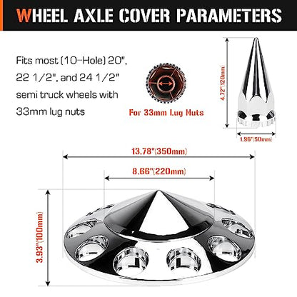 Aeagle Spike Front Axle Cover Combo Kits for Semi Truck Hubs w/Screw-On 33mm Lug Nut, ABS Plastic Chrome Plated, 10 Hole Removable Caps, 2Pcs - color: Front Spiked