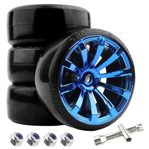 4 Pieces OD 2.45" Hard Plastic Drift RC Tire 12mm Hex On Road Touring Racing Bald Wheels Compatible with 1/10 Scale HSP Tamiya Kyosho Traxxas Sakura WLtoys RC Trucks (Blue) - color: Blue