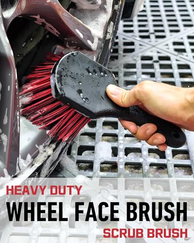 8PCS Wheel Cleaning Kit with Microfiber Brush & Rubber Grip Tire Brush, Twist Loop Drying Towel, Detailing Brush, Applicator for Car Rim and Tire Care - color: Red & Black