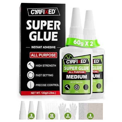 Fast Controlled Super Glue Pro Kit 120 Gram, Medium CA Glue with Anti-Clog Caps & Precision Microtips for Woodworking, Crafts, All-Purpose Cyanoacrylate Adhesive for Ceramic Plastic Glass Shoe Repair - size: 4 oz