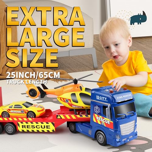 Dwi Dowellin Tow Truck Toy for Kids,25.6" Semi Truck Toy with Racing Car and Helicopter, Semi-Trailer with Lights & Sounds,Birthday Gift for 2 3 4 5 Years Old Boys and Girls - style: Tow Truck