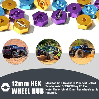Aluminum 12mm Hex Wheel Hub with Flange M4 Nylon Lock Nut Cross Hex Wrench & M3 M4 Nylon Locknut for Traxxas Slash, Stampede Hsp Redcat Rc4wd Tamiya Axial SCX10 WLtoy 1/10 RC Car Truck Crawler Buggy - color: Gold