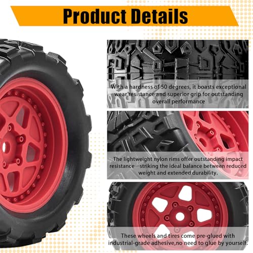 Pre-Glued 1/16 & 1/18 RC Monster Truck Rubber Tire & Nylon Wheel - 12mm Hex | Rubber Tires with Foam Fits for ARRMA 1/18 Granite/Typhon Grom, WLtoys A949, MJX Hyper Go H16 (4PCS, Red) - color: Red