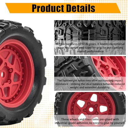 Pre-Glued 1/16 & 1/18 RC Monster Truck Rubber Tire & Nylon Wheel - 12mm Hex | Rubber Tires with Foam Fits for ARRMA 1/18 Granite/Typhon Grom, WLtoys A949, MJX Hyper Go H16 (4PCS, Red) - color: Red