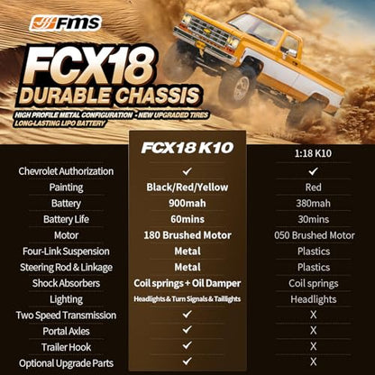 FMS 1/18 FCX18S Chevy K10 S RC Crawler RTR with License Red, RC Pickup Truck 4x4 Chevy Hobby Grade 2-Speed Transmission Monster Truck for Adults with Led Light (red)
