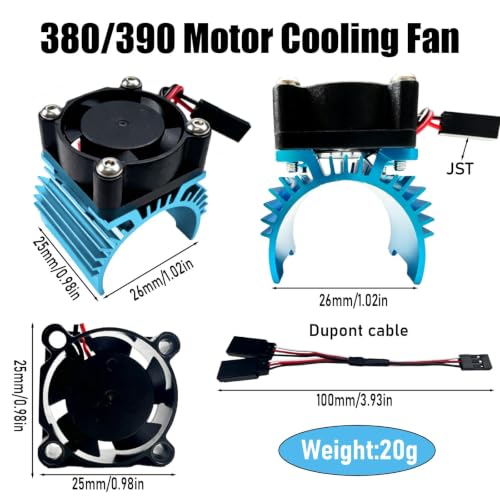 Aluminum 370/380/390 Motor Heatsink Cooling Fan with Y Cable Dupont Fits for 16101 16102 16103 16104 16106 16201 SCY JJRC C8805 MJX HBX HSP Wltoys Himoto Redcat 1/16 1/18 RC Car (Sky Blue) - style: Sky Blue
