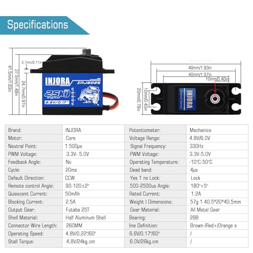 INJORA RC Servo 25KG Digital Servo High Torque RC Parts for 1:10 RC Crawler VP VS4-10 SCX10 Pro SCX10 TRX4 D90 (Control Angle 90°-180°) - size: 25kg（90°-180°）