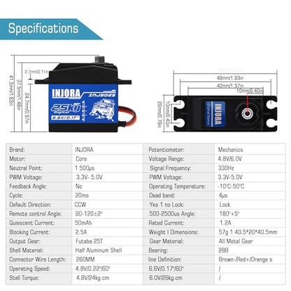 INJORA RC Servo 25KG Digital Servo High Torque RC Parts for 1:10 RC Crawler VP VS4-10 SCX10 Pro SCX10 TRX4 D90 (Control Angle 90°-180°) - size: 25kg（90°-180°）