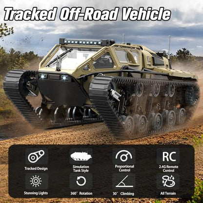 Mostop RC Tank Car, 1:16 Scale 2.4Ghz Remote Control Crawler High Speed Tank, Off-Road RC Tracked Vehicles 360°Rotating Drifting Car with 2 Batteries, Military Truck for Kids Adults - color: Brown Yellow