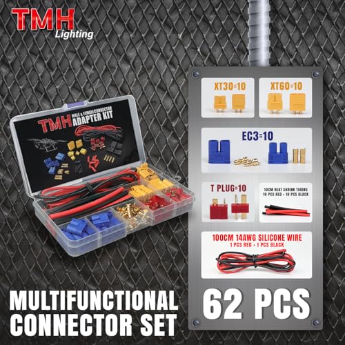 62 Pcs TMH EC3 / XT30 / XT60 / T-Plug Male and Female Adapter Connector Plug Kit with 14 AWG Silicone Wire and Heat Shrink Tubing for RC ESC Lipo Battery Motor Accessories (Total 62 PCS) - size: 62 Pcs