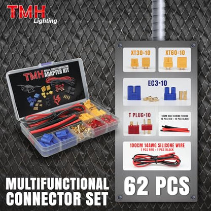 62 Pcs TMH EC3 / XT30 / XT60 / T-Plug Male and Female Adapter Connector Plug Kit with 14 AWG Silicone Wire and Heat Shrink Tubing for RC ESC Lipo Battery Motor Accessories (Total 62 PCS) - size: 62 Pcs