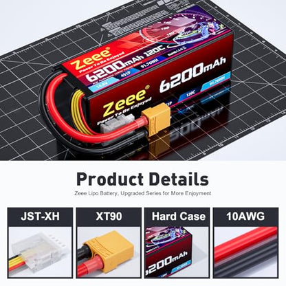 Zeee 4S Lipo Battery 6200mAh 14.8V 120C with XT90 Connector (2 Pack) | Hard Case RC Battery for Car Truck Tank RC Buggy Truggy RC Models