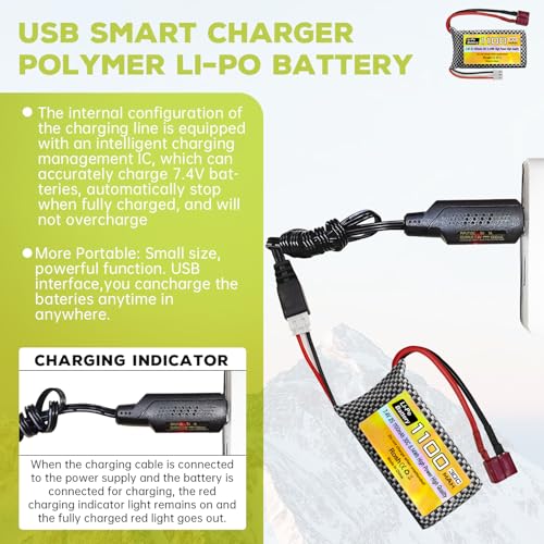 7.4V 1100mAh 2S Lipo Battery with T Plug and USB Charging Cable Suitable for Haiboxing 18858 18859 18859A 16890A XLH Q903 Q903 HM163 RC Car RC Ship RC Drone