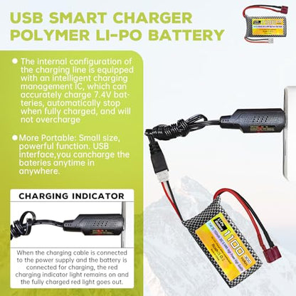 7.4V 1100mAh 2S Lipo Battery with T Plug and USB Charging Cable Suitable for Haiboxing 18858 18859 18859A 16890A XLH Q903 Q903 HM163 RC Car RC Ship RC Drone