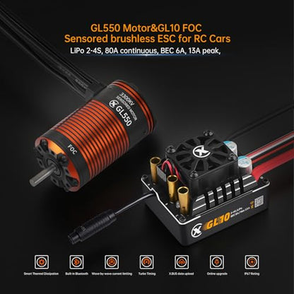 XC GL550&GL10 APP Controls Sensored Brushless Motor and FOC ESC Combo,80A Current,2-3S Lipo,6.0/7.4V BEC,IP67 Water Proof,3300KV FOC Motor,Applicable to:1/10 1/8 Crawler Off Road