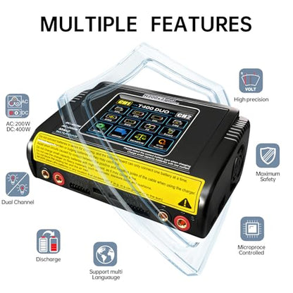 LiPo Battery Charger Dual RC Battery Charger Discharger Touch Screen Fast Balance Charger AC 200W DC 400W 12A for 1-6S LiPo LiHV Li-ion Life 1-15S NiCD NiMH PB Smart Batteries, RC Car Drone Boat