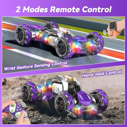 Nicella Gesture Sensing RC Stunt Car, Remote Control Cars Transformer Toys for Age 5-7 6-12 8 9 10 11 Yr Boys Girls Birthday Halloween, 2.4Ghz Hand Control 360° Rotating Toys Car - color: Purple/White