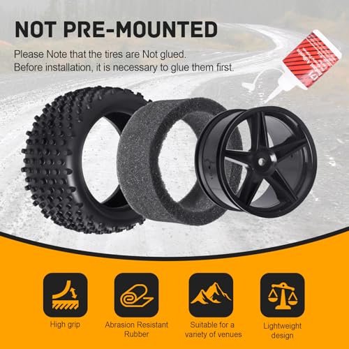 RC Buggy Wheels and Tires 12mm Hex for 1/10 Traxxas Bandit Losi Tenacity DB Pro Kyosho Yokomo 2S 3S Brushless Lipo Power RC Off Road Car(Non-Glued)
