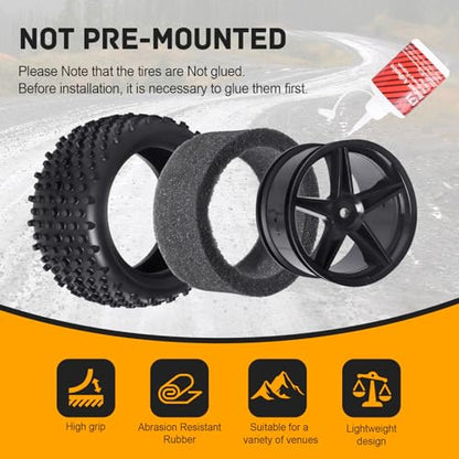 RC Buggy Wheels and Tires 12mm Hex for 1/10 Traxxas Bandit Losi Tenacity DB Pro Kyosho Yokomo 2S 3S Brushless Lipo Power RC Off Road Car(Non-Glued)