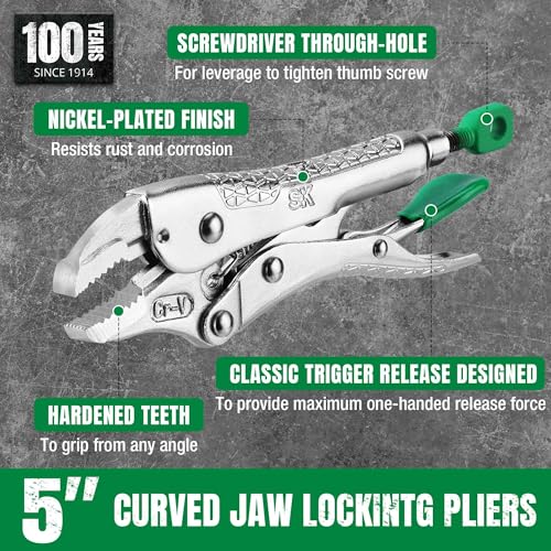 SK 5" Curved Jaw Locking Pliers, Vice Grips, Premium CR-V Steel | Vise Grip Pliers, Nickel-Plated Finish, Ergonomic Anti-slip Handle, Ideal for Welding or Assembly - size: 5"