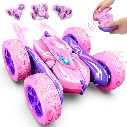Excitobo Remote Control Car,RC Cars for 4 5 6 7 8 9 10 11 12 Year Old Girl Double Sided 360°Flip 4WD Rechargeable Drift RC Race Car Girls Toys Birthday Gifts Easter Basket Stuffers for Kids Age 4-12 - color: Pink