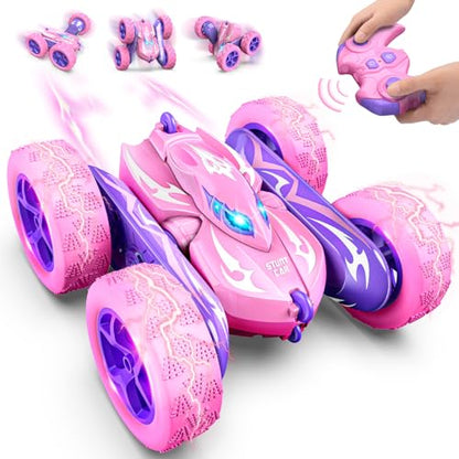 Excitobo Remote Control Car,RC Cars for 4 5 6 7 8 9 10 11 12 Year Old Girl Double Sided 360°Flip 4WD Rechargeable Drift RC Race Car Girls Toys Birthday Gifts Easter Basket Stuffers for Kids Age 4-12 - color: Pink