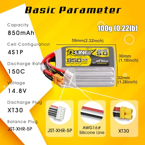 TATTU R-Line Version 5.0 4S Lipo Battery 14.8V 150C 850mAh Lipo Battery Pack with XT30U-F Plug