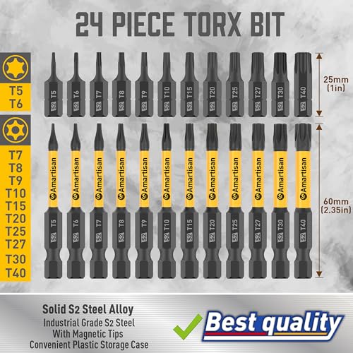 Amartisan Torx Bit Set, 24-Piece S2 Steel, 1" & 2.3" Long T5 - T40, Security, Tamper Resistant Fastener Drive Bit - style: 24-Piece Security Torx Bit Set (Torx)