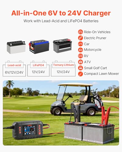VEVOR Smart Battery Charger, 25A, 6V 12V 24V Ternary Lithium LiFePO4 Lead-Acid (Gel/AGM) Battery Charger, with 3.4-Inch LCD Display, Trickle Charging Maintainer Desulfator, for Car, Boat, Motorcycle - size: 25A