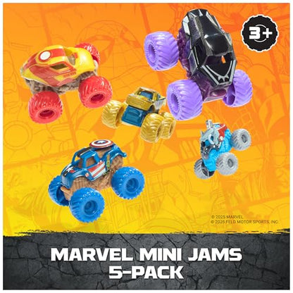 Monster Jam Marvel Mini Monster Trucks 1:87 Scale 5-Pack | Includes 4 Mini Trucks & 1 Mystery Truck, Authentic Marvel Details, Collectible Fun, Toys for Ages 3 and Up