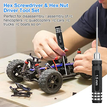 RC Hex Screwdriver Tool Set: 0.9mm 1.27mm 1.3mm 1.5mm 2.0mm 2.5mm 3.0mm Screwdriver Kit with Hex Nut Driver and RC Car Wrench Tool Kit for Multi-Axis FPV Racing Drone Quadcopter Helicopter