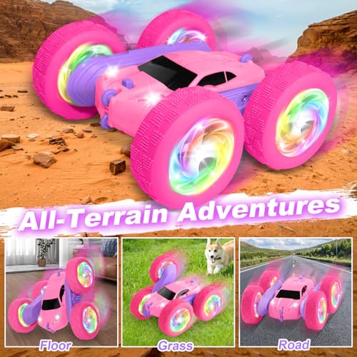 Remote Control Car, RC Cars for Girls, 2.4 GHz Double Sided RC Crawler with Upgraded USB-C Modular Battery, 360°Rotating Car Toys for 6 7 8 9 10 11 12 Year Old Girl Birthday Gift Pink-Purple - color: Pinkpurple