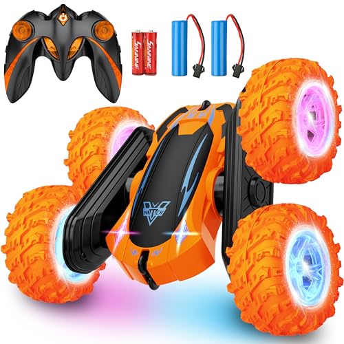 Remote Control Car, 2.4GHz Electric Race Stunt Car, Double Sided 360° Rolling Rotating Rotation, LED Headlights RC 4WD High Speed Off Road Gift for 3 4 5 6 7 8-12 Year Old Boy Toys (Orange) - color: Orange