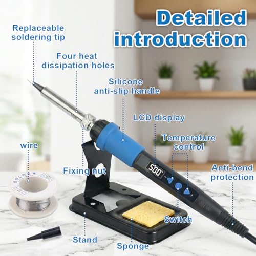 Soldering Iron Kit, 80W 110V LED Digital Solder Gun with Ceramic Heater, Portable Welding Tool Set with 5 Tips, Solder Wire, Stand & Sponge for Metal, Electrical Repair and DIY