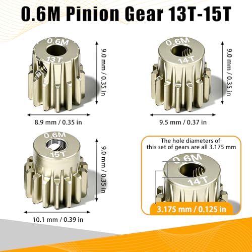 3PCS 0.6M Pinion Gear 13T 14T 15T Set, 7075 Aluminum Alloy 0.6Mod RC Motor Gears with 3.175mm Bore for 540 550 Brushed Brushless Motors, Compatible with 1/10 Tamiya Redcat HSP HPI RC Cars - size: 13 14 15T