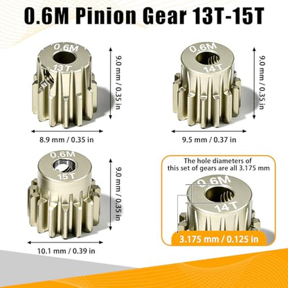 3PCS 0.6M Pinion Gear 13T 14T 15T Set, 7075 Aluminum Alloy 0.6Mod RC Motor Gears with 3.175mm Bore for 540 550 Brushed Brushless Motors, Compatible with 1/10 Tamiya Redcat HSP HPI RC Cars - size: 13 14 15T