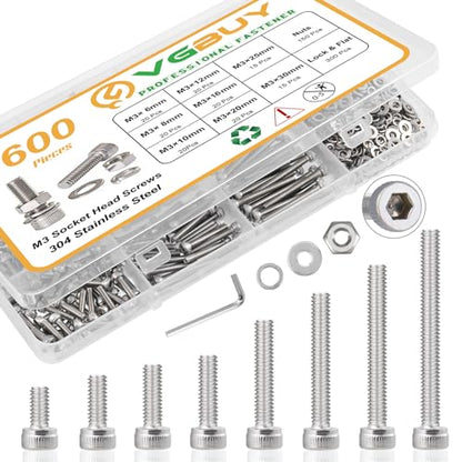 VGBUY 600pcs M3 Screw Assortment Kit, M3 Screws (8 Sizes 6-30mm) for 3D Printer DIY, Hex Socket Head Cap Screws Bolts Nuts Washer Kit, 304 Stainless Steel, 6/8/10/12/16/20/25/30mm - size: M3x6/8/10/12/16/20/25/30mm, style: Socket Head