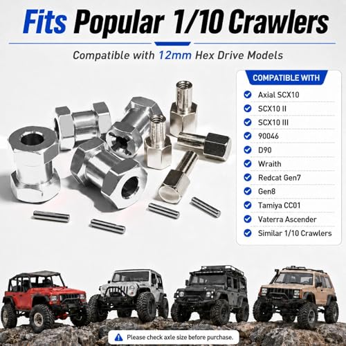 4PCS 12mm Hex Hub 20mm Aluminum Extension Hex for Axial SCX10 D90 90046 | 20mm CNC Wheel Hex Extenders for 1/10 RC Crawlers Redcat Gen7/Gen8 CC01 RC4WD Wider Stance & Tire Clearance with M4 Nuts Pins - color: Sliver