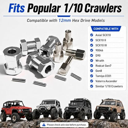 4PCS 12mm Hex Hub 20mm Aluminum Extension Hex for Axial SCX10 D90 90046 | 20mm CNC Wheel Hex Extenders for 1/10 RC Crawlers Redcat Gen7/Gen8 CC01 RC4WD Wider Stance & Tire Clearance with M4 Nuts Pins - color: Sliver