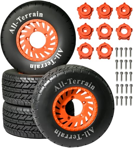 1/10 RC Short Course Truck Rubber Tires & Nylon Rims- 12mm/17mm Hex, Orange | All-Terrain Tires and Wheels Compatible with 1/10 Traxxas Slash 4WD 2WD Arrma Senton Axial Losi Redcat RC Buggy, 4-Pack - color: Orange