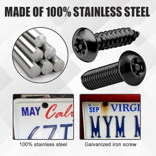 Anti Theft License Plate Screws, Tamper Resistant Licence Plate Kit, 1/4"(M6) Security Screws, Rust Proof Stainless Steel Bolts Fasteners Kit for Front Rear Frame Holder Mounting (Black) - color: Black