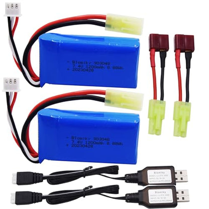 Blomiky 2 Pack 7.4V 1200mAh 8.88Wh Li-PO Battery and 2 USB Charger Cable Replacement for 1/18 Scale 9310YL 9300 9301E 9302E 9303E 9304E 9305E RC Truck / 9300 1200 2