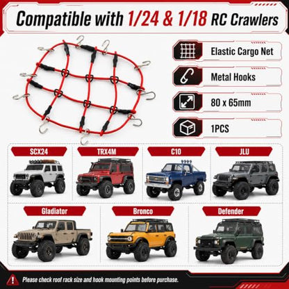 1:24 RC Roof Cargo Net with Hooks, 80x65mm Elastic Luggage Net for Axial SCX24 90081 AXI00002 AXI00001 AXI90081 C10 JLU Gladiator Bronco TRX4M 1/24 1/18 RC Crawler Scale Accessories, Red - color: Red